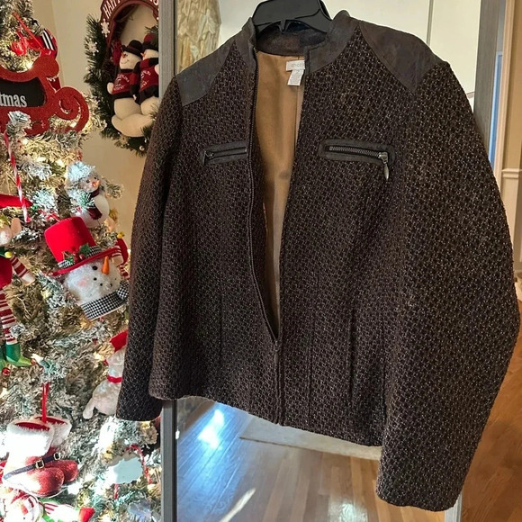 Chico's Jackets & Blazers - Chico’s Metallic Tweed Jacket Women’s Size 2 Brown Full Zip Blazer Moto Style